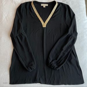 Michael Kors Black/Gold Chiffon Bubble Banded Long Sleeve V Neck Blouse Top Sz L
